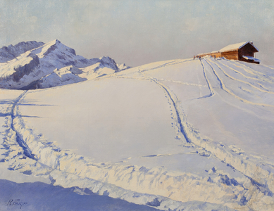 A mountain hut in the Engadine Valley, Switzerland (oil on card laid )