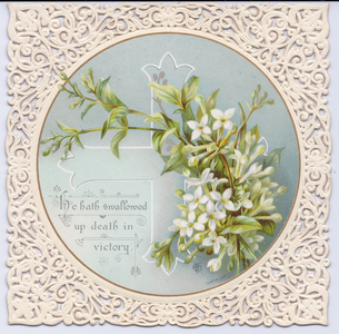 A Victorian Easter Card of snowdrops, a cross and a verse in an intricate square pierced paper-lace border, circa 1880 (coloured lithograph)