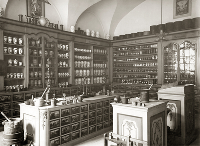 Historical pharmacy (b/w photo)
