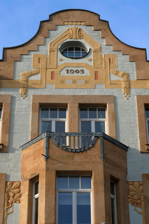Upper facade of an Art Nouveau building from 1905, Nuremberg, Middle Franconia, Bavaria, Germany, Europe, 2014 (photo)
