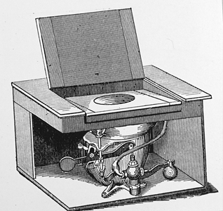 A water closet with wooden cabinet, 1850