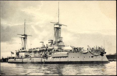 Warship with soldiers on deck