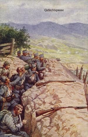 Austro-Hungarian soldiers taking advantage of a break in the fighting, World War I, 1914-1918 (colour litho)