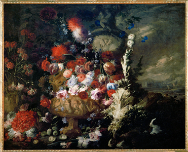 Vase de fleurs et fruits dans un paysage - Vase with flowers and fruit in a landscape …