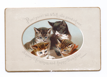 A Victorian Christmas and New Year card of four kittens, c.1880 (colour litho)