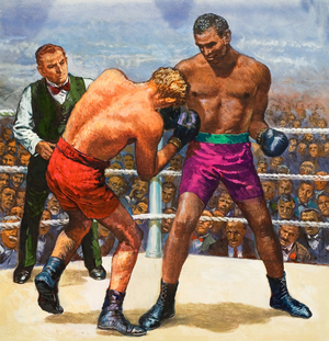 Jack Johnson hammers Jim Jeffries (gouache on paper)