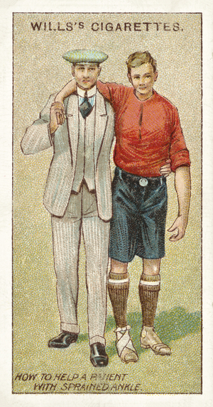 First Aid, How to help a patient with sprained ankle (chromolitho)