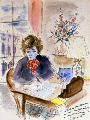 Colette writing at her work table in her flat in Palais-Royal (Paris) (w/ on paper)