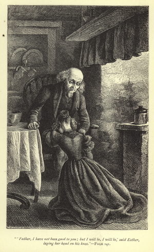 'Father, I have not been good to you; but I will be, I will be', said Esther, laying her head on his knee (engraving)