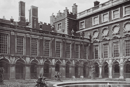 Hampton Court, Where Wren's and Wolsey's Work meets, The Fountain Court (b/w photo)