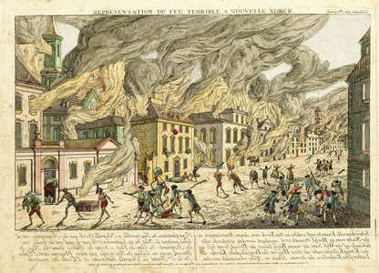 View of New York During the Great Fire of 1776; Representation du Fue Terrible a Nouvelle York, 1780 (hand-coloured etching)