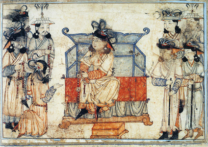 Iran / Persia: The Ilkhan distributing rewards. Rashid al-Din, Jami al-Tawarikh, c. 1305 CE