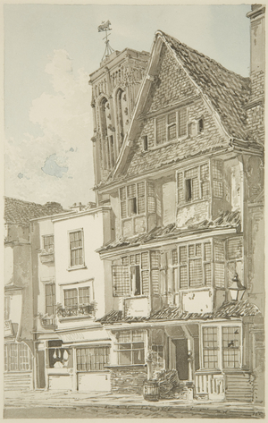 Temple Street, showing tower of Temple Church (pencil & w/c on paper)