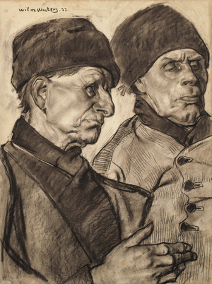 Two Volendammers, 1922 (charcoal on paper mounted on cardboard)