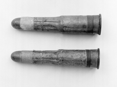 Two Mk III .45 in live Martini-Henry rifle small arm ball cartridges, c.1875 (metal)