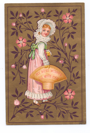 A Victorian greeting card of a girl in a lace ruffled bonnet holding a basket, c.1880 (colour litho)