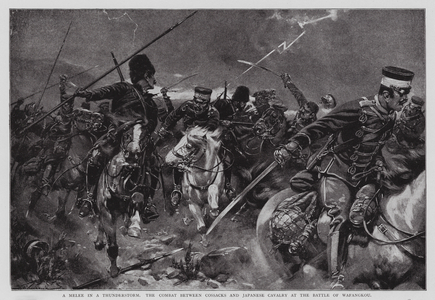 Cossacks and Japanese cavalry fighting at the Battle of Wafangou, 1904 (litho)