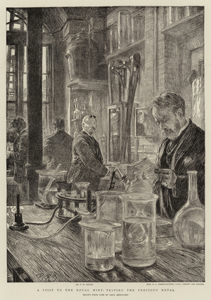 A visit to the Royal Mint, testing the Precious Metal (litho)