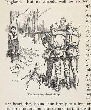 'The brave boy closed his eyes'. A boy scout being executed as a spy by the Germans, in France, during the first world war.