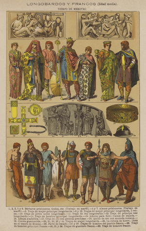 Longobardos y Francos, Edad media, Tiempo de Meroveo (colour litho)