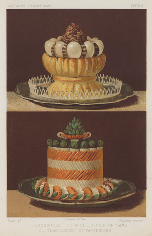 "Casserole" of Rice, Puree of Game, "Chartreuse" of Partridges (chromolitho)