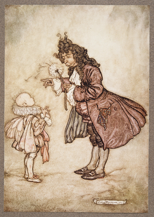 When her Majesty wants to know the time, from Peter Pan in Kensington Gardens by J M Barrie (1860 - 1937), pub. 1906 (colour litho)