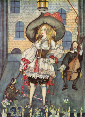 Nell Gwyn in the Conquest of Granada by the Spaniards, in a broad-brimmed hat as big as a cartwheel (colour litho)