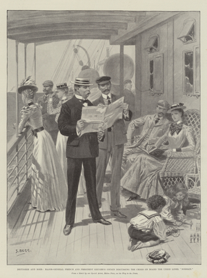 Britisher and Boer, Major-General French and President Kruger's Cousin discussing the Crisis on Board the Union Liner "Norman" (engraving)