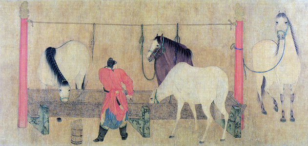 China: Horses in a stable (detail of a hand scroll) 1324 (ink and colours on silk)