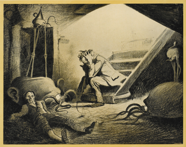 The narrator in the cellar with the body of the curate. The Martian creatures can be seen.