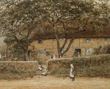 Children Outside a Cottage (watercolour with scratching out)