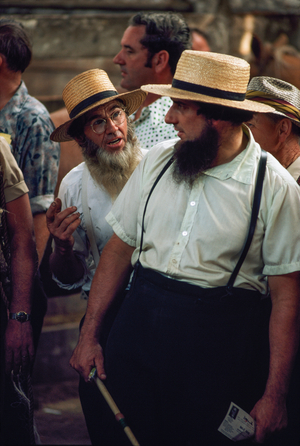 Amish men prepare to bid on a horse for buggy-pulling at an auction., 1977 (photo)