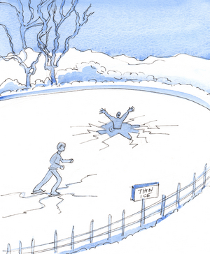 Just as a person who deliberately skates on thin ice is bound to fall through it, so people who willfully ignore God's laws risk falling and being lost., 2003 (w/c on paper)