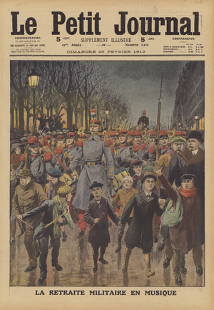Parade of a military band in Paris (colour litho)