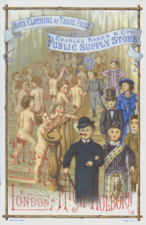Advertisement for boys' clothing from Charles Baker & Co's Public Supply Store, High Holborn, London (chromolitho)
