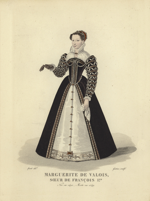 Marguerite of Navarre, sister of King Francis I of France (coloured engraving)