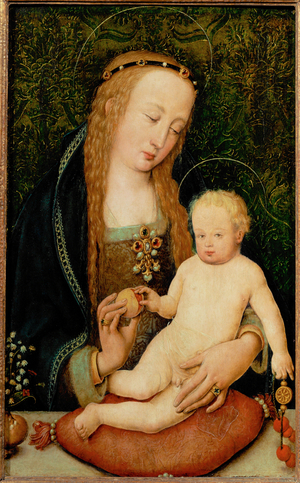 Saint Mary hands a pomegrenate to the Child (painting on limewood)
