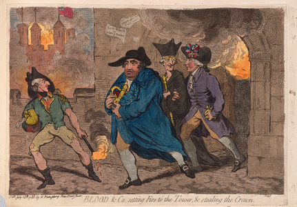 Blood & Co. setting Fire to the Tower & stealing the Crown, pub. 1788 (hand coloured engraving)