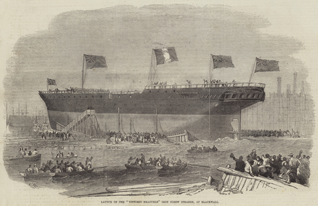 Launch of the "Vittorio Emanuele" Iron Screw Steamer, at Blackwall (engraving)