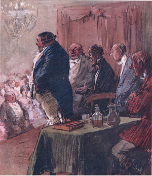 Mr Jorrocks ascended the platform, from Mr Jorrocks' Lectors published by Hodder & Stoughton, 1910 (colour litho)