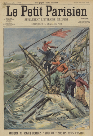 Wreck of the French sailing ship Leon XIII on the coast of Ireland (colour litho)