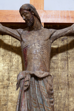 Collegiate church. Interior. Sculpture. Christ on the cross. Romanesque/gothic. Polychrome wood. Detail. Bust. 14th century.