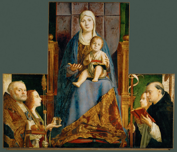 Saint Mary and child with Saints Nicholas of Bari, Anastasia, Ursula, Dominicus and Helena, 1475-76 (painting on wood)