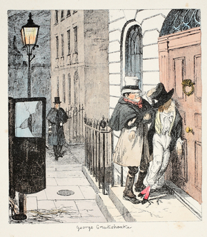 Mr Lambkins's habits grow worse and worse!At 3 o'clock a. m. he is placed upright (very jolly) against his own door, by a kind hearted Cabman, from The Bachelor's Own Book or the Progress of Mr Lambkins, pub. 1844 (coloured engraving)