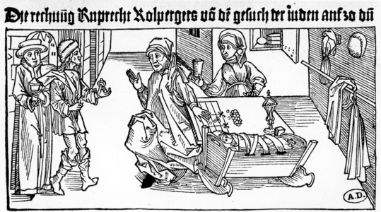 Jewish Moneylender with his family receiving clients, 1491 (wood engraving)