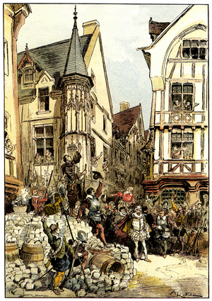 The Duc de Guise cheered by the crowd and soldiers of the Gardes Francaises regiment in Paris on Barricade Day, 12 May 1588, 1900 (drawing)