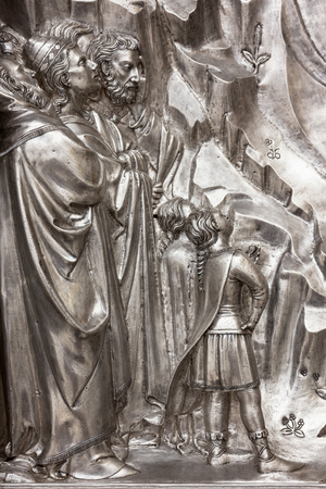 Saint John the Baptist preachings to the crowds, tile from The Silver Altar of Saint  John's Treasure, 1367-1483
