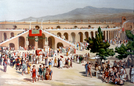 A walk in Pompei, 19th century (illustration)