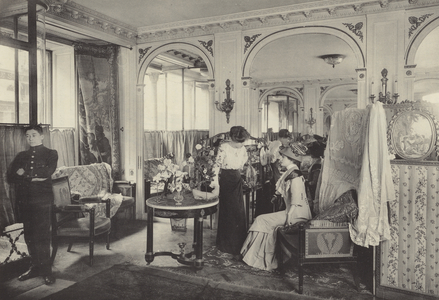 Sales gallery at Paquin fashion house, Paris (b/w photo)