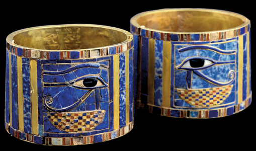 Bracelets of Sheshonq II, from the grave of Sheshonq II, Tomb of Psusennes I, Tanis, Third Intermediate Period (gold, lapis lazuli, carnelian & faience)